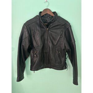 Vintage Black Leather Motorcycle Jacket With Zipper & Lace-Up Detailing Size M